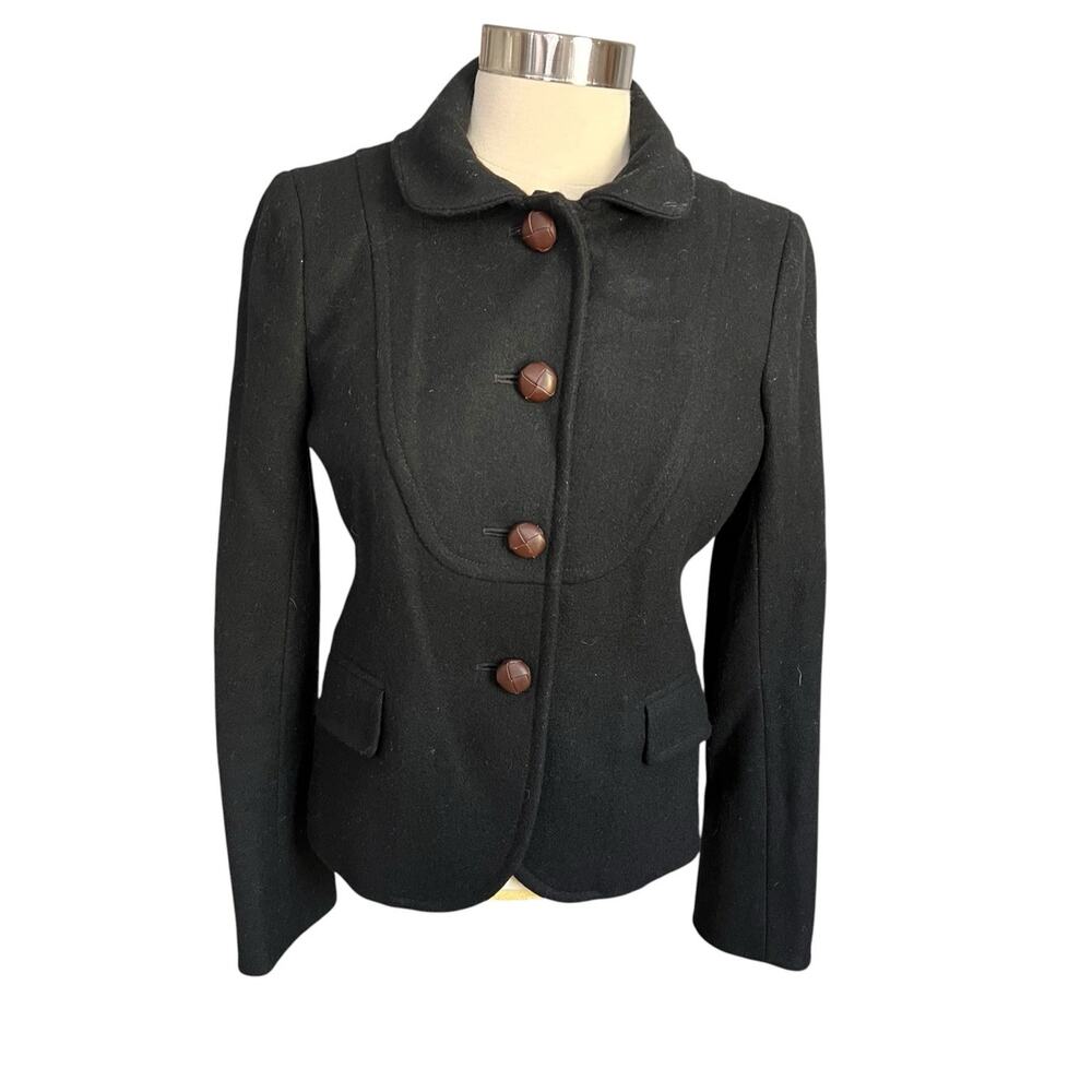 J. Crew Classic Black 80% Wool Jacket Rounded Collar Leather-Look Buttons Size 0